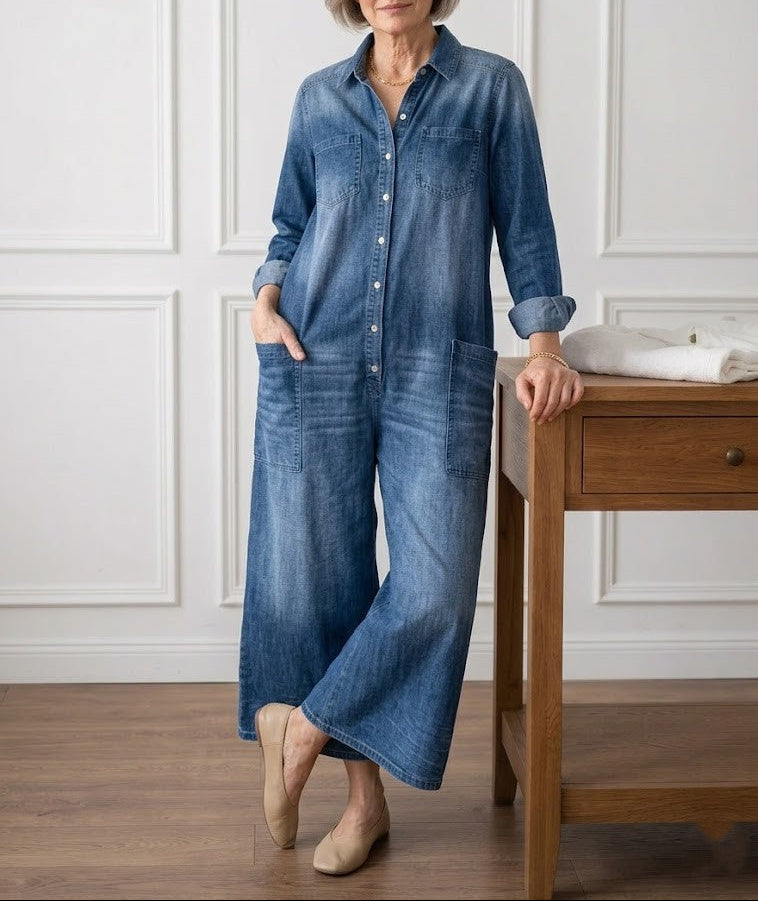 Willow | Vintage Washed Soft Cotton Denim Jumpsuit with Button Closure