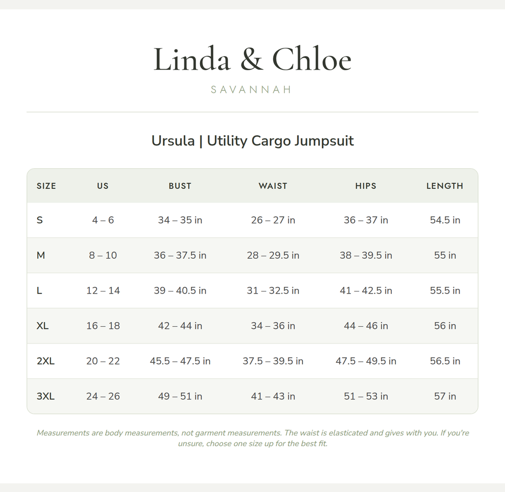Ursula | Utility Cargo Jumpsuit Size Chart