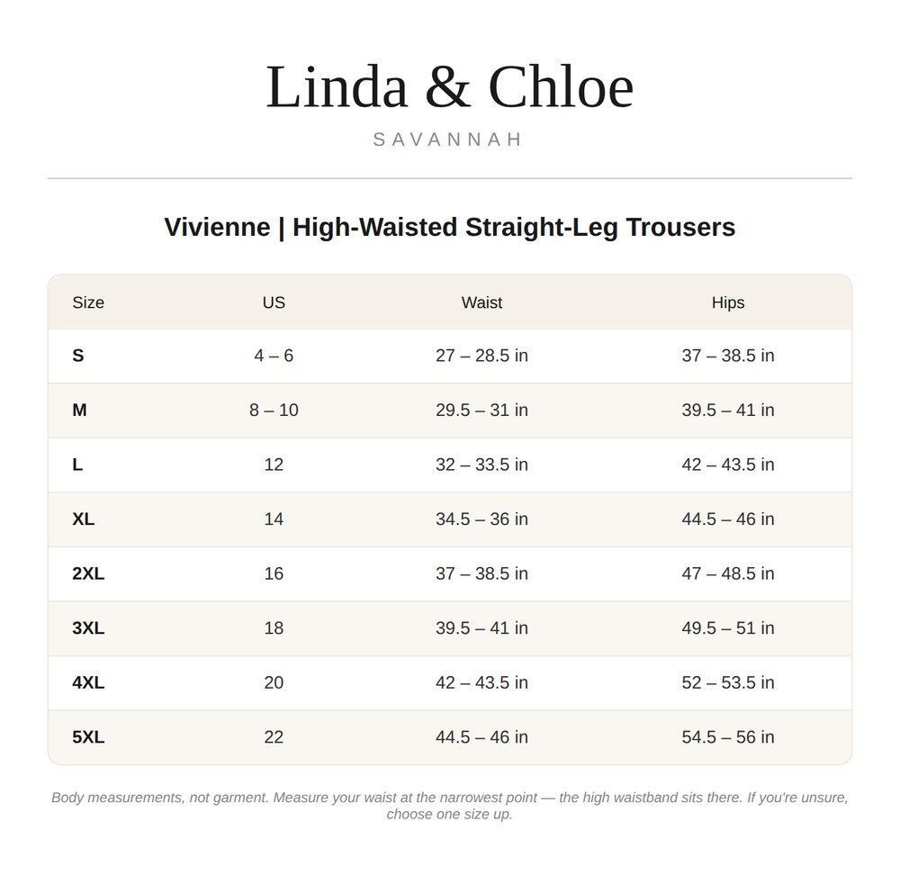 Vivienne | High-Waisted Straight-Leg Trousers Size Chart
